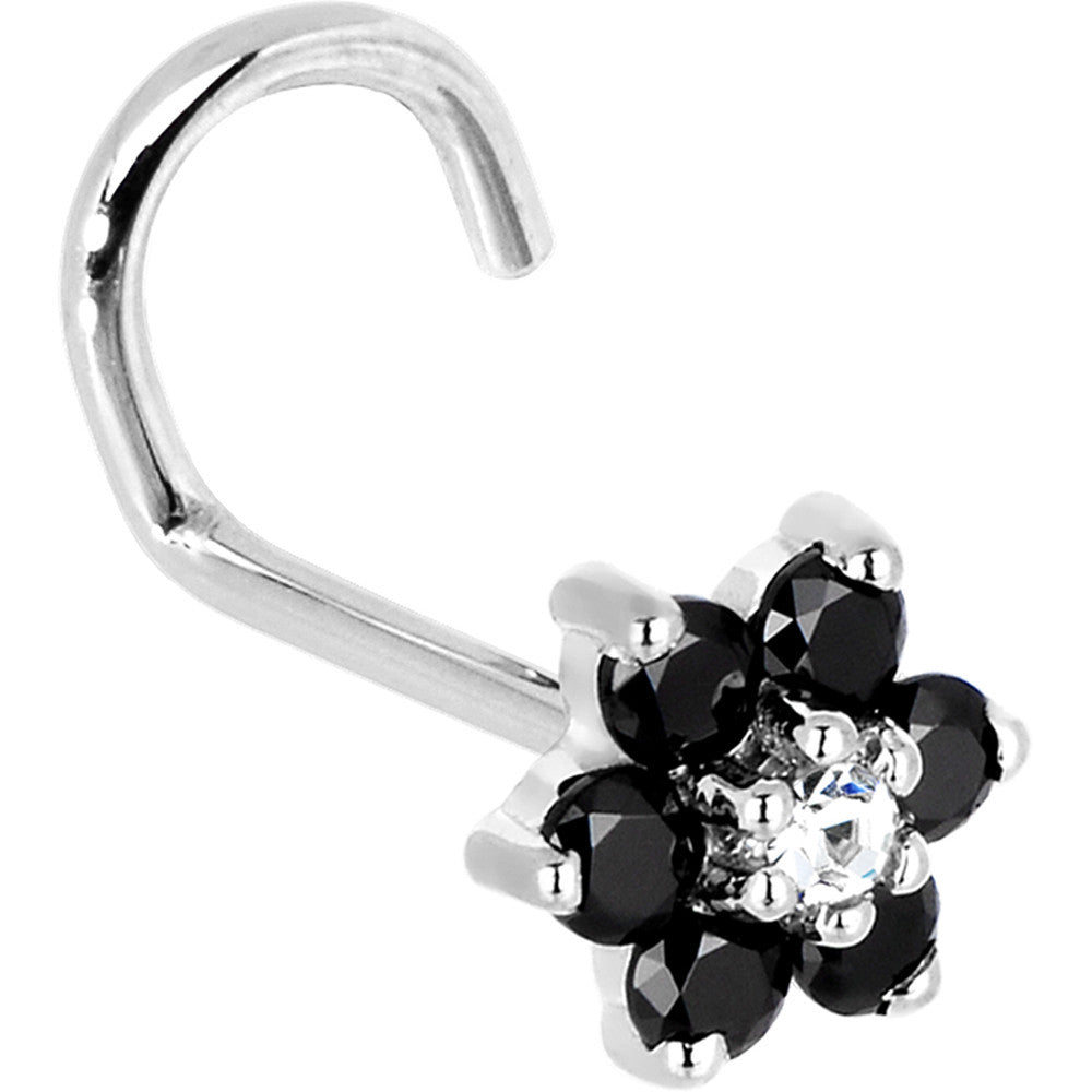 Solid 14KT White Gold Black and Clear Cubic Zirconia Flower Nose Ring