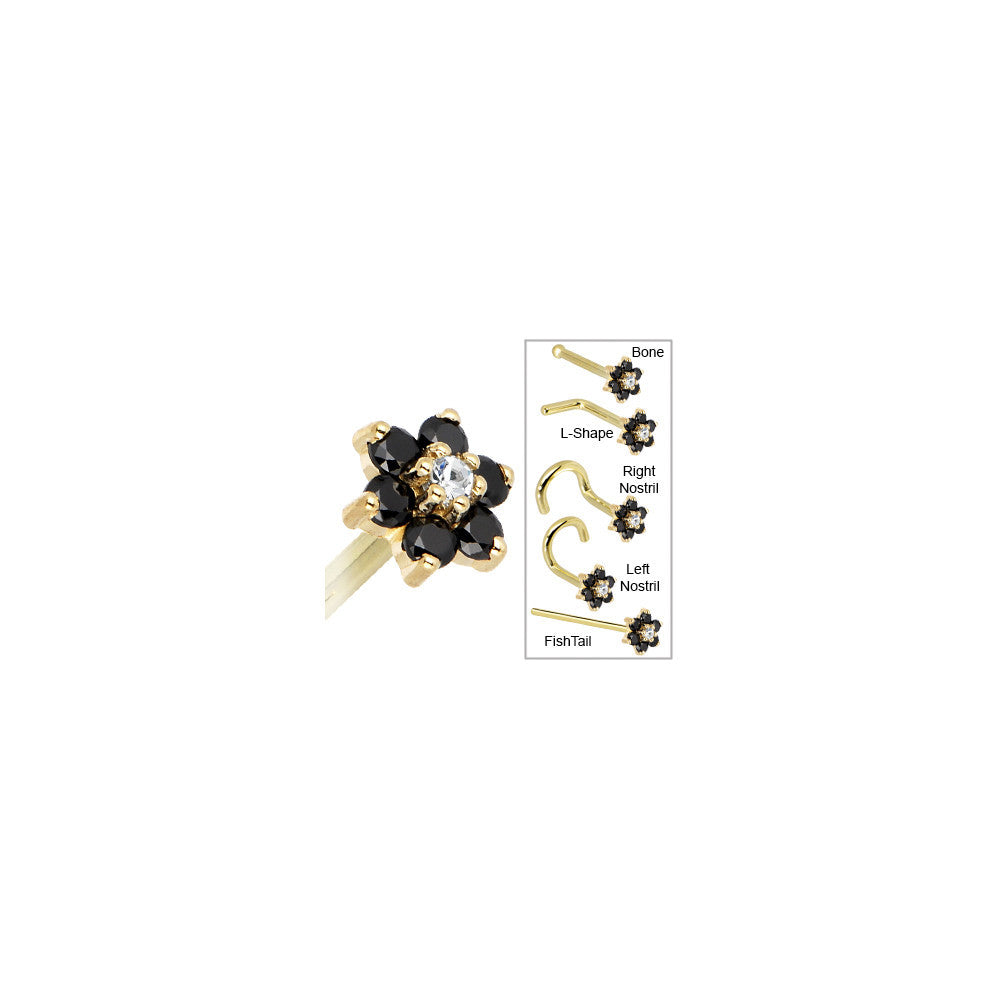 Solid 14KT Yellow Gold Black and Clear Cubic Zirconia Flower Nose Ring