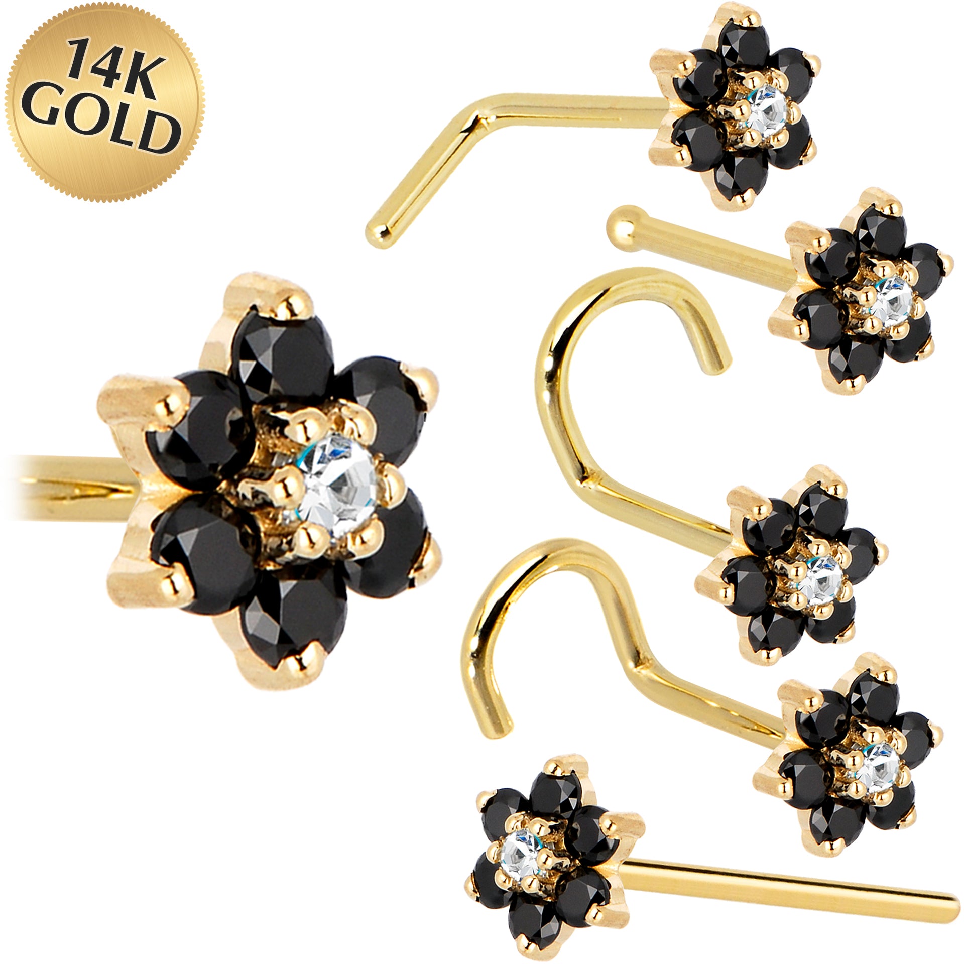 Solid 14KT Yellow Gold Black and Clear Cubic Zirconia Flower Nose Ring 18 Gauge