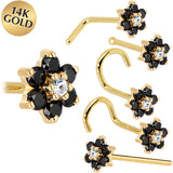Solid 14KT Yellow Gold Black and Clear Cubic Zirconia Flower Nose Ring