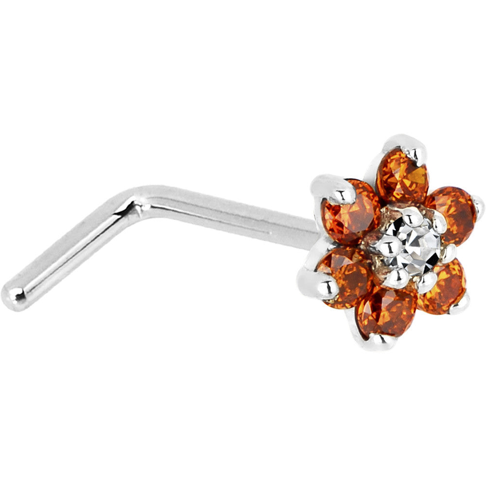 Solid 14KT White Gold Orange and Clear Cubic Zirconia Flower Nose Ring