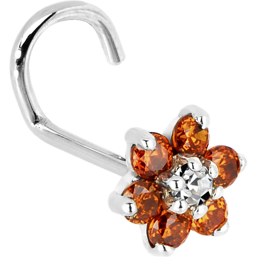 Solid 14KT White Gold Orange and Clear Cubic Zirconia Flower Nose Ring