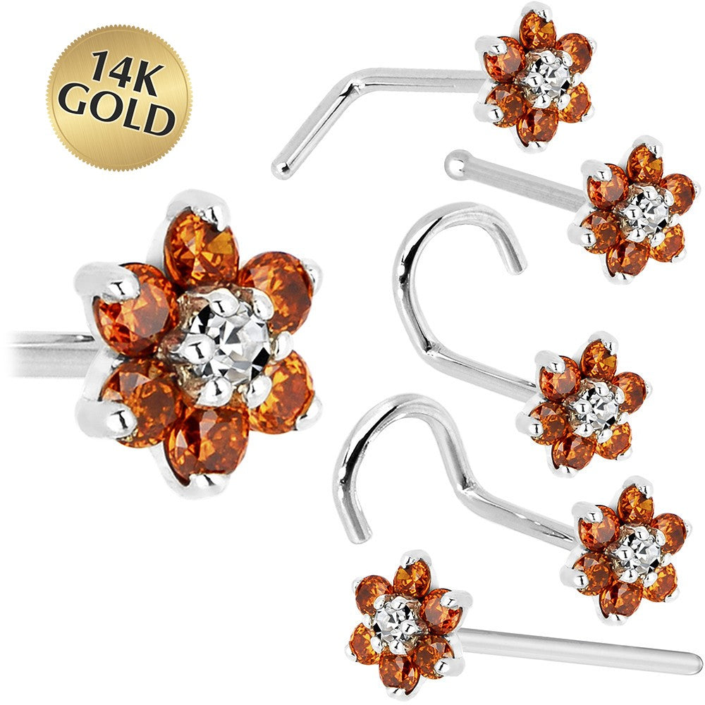 Solid 14KT White Gold Orange and Clear Cubic Zirconia Flower Nose Ring Nose Bone