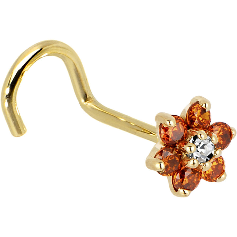 Solid 14KT Yellow Gold Nose Ring with Orange Clear Cubic Zirconia Flower Nose Bone Style