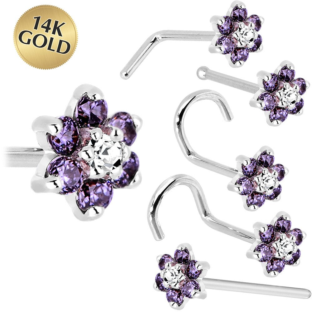 Solid 14KT Yellow Gold Orange and Clear Cubic Zirconia Flower Nose Ring 18 Gauge
