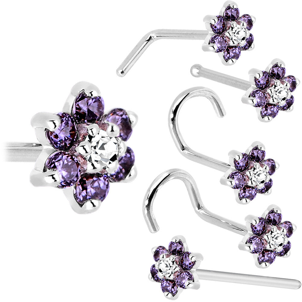 Solid 14KT White Gold Amethyst and Clear Cubic Zirconia Flower Nose Ring