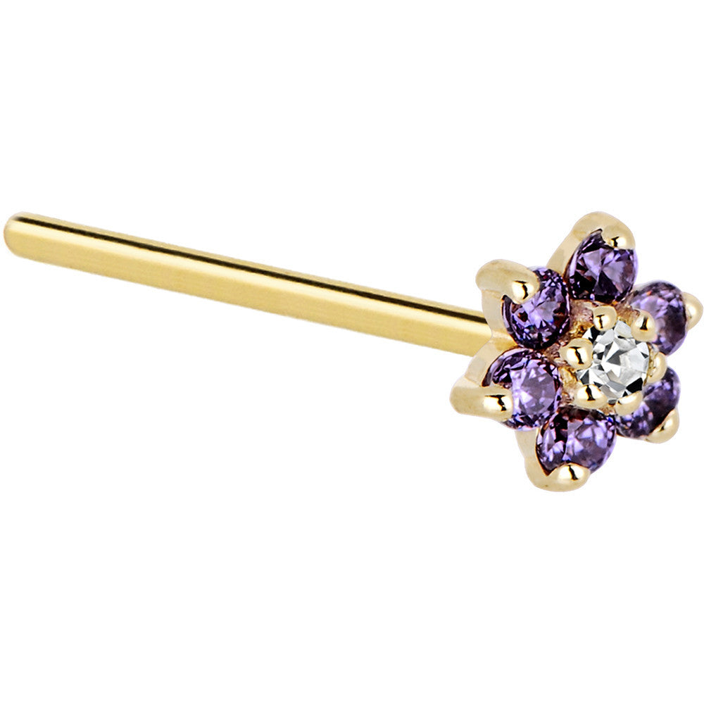 Solid 14KT Yellow Gold Amethyst and Clear Cubic Zirconia Flower Nose Ring