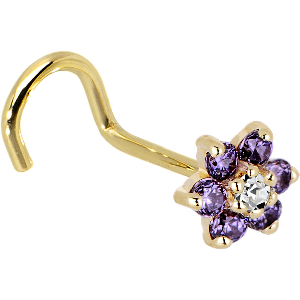 Solid 14KT Yellow Gold Amethyst and Clear Cubic Zirconia Flower Nose Ring