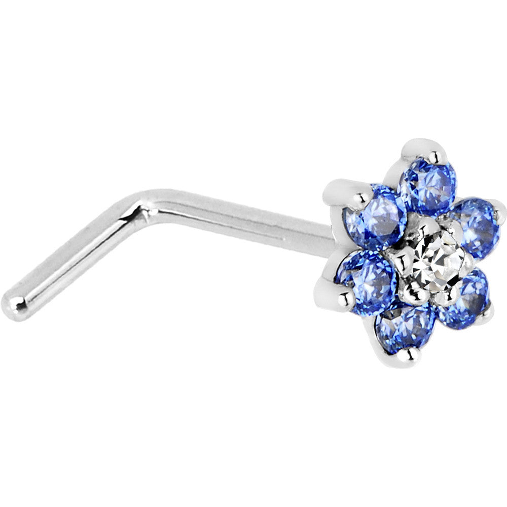 14KT White Gold Arctic Blue Clear Cubic Zirconia Flower Nose Ring Nose Screw Style
