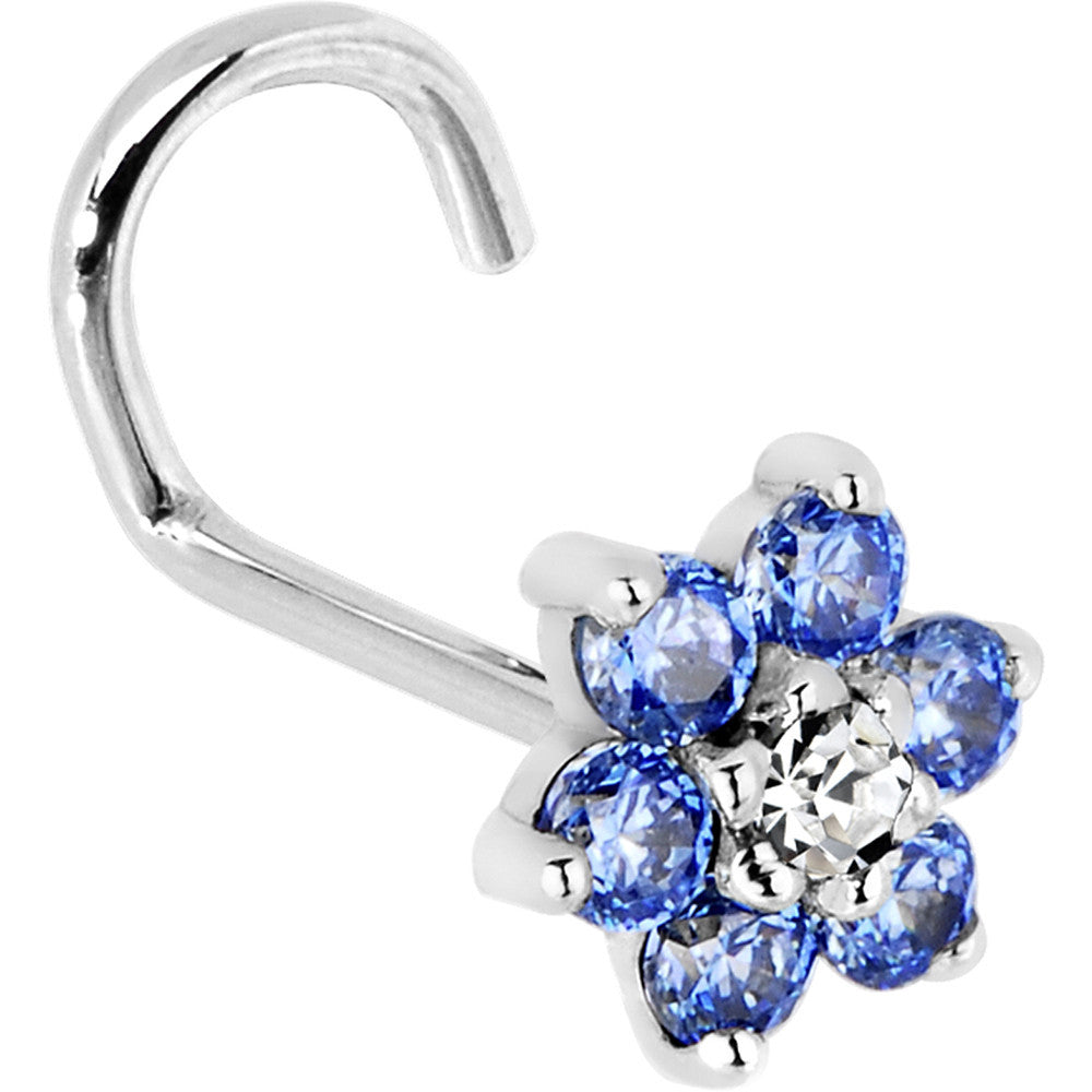 14KT White Gold Arctic Blue Clear Cubic Zirconia Flower Nose Ring L Shape Style