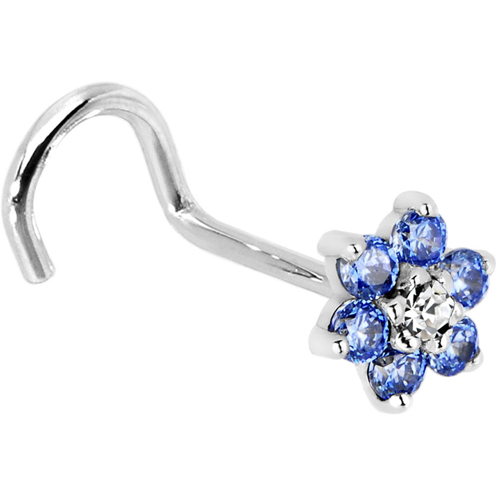 Solid 14KT White Gold Flower Nose Ring with Arctic Blue and Clear Cubic Zirconia