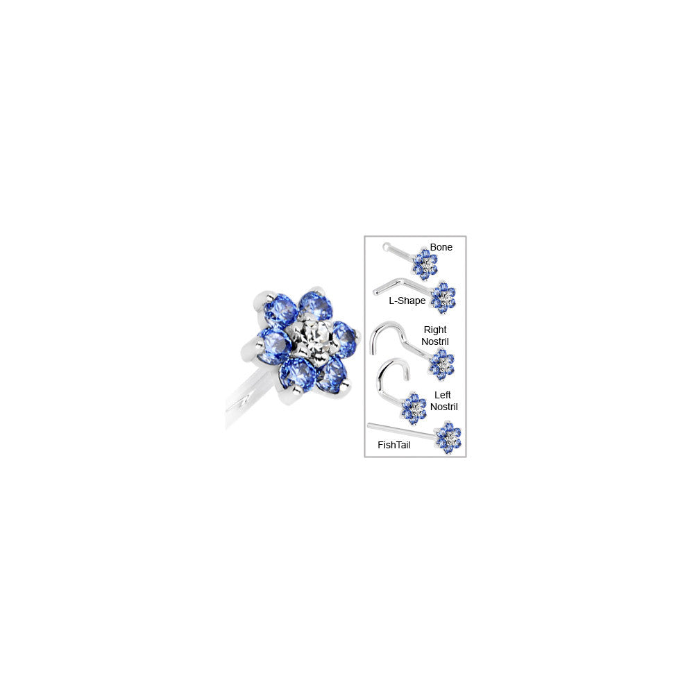 Solid 14KT White Gold Arctic Blue and Clear Cubic Zirconia Flower Nose Ring