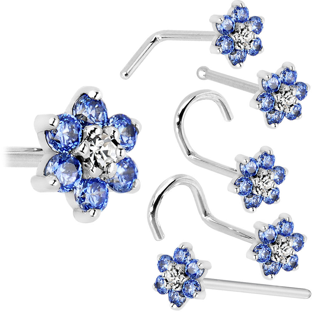 Solid 14KT White Gold Arctic Blue and Clear Cubic Zirconia Flower Nose Ring