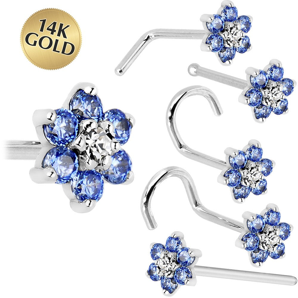 Solid 14KT White Gold Arctic Blue Clear Cubic Zirconia Flower Nose Ring 18 Gauge