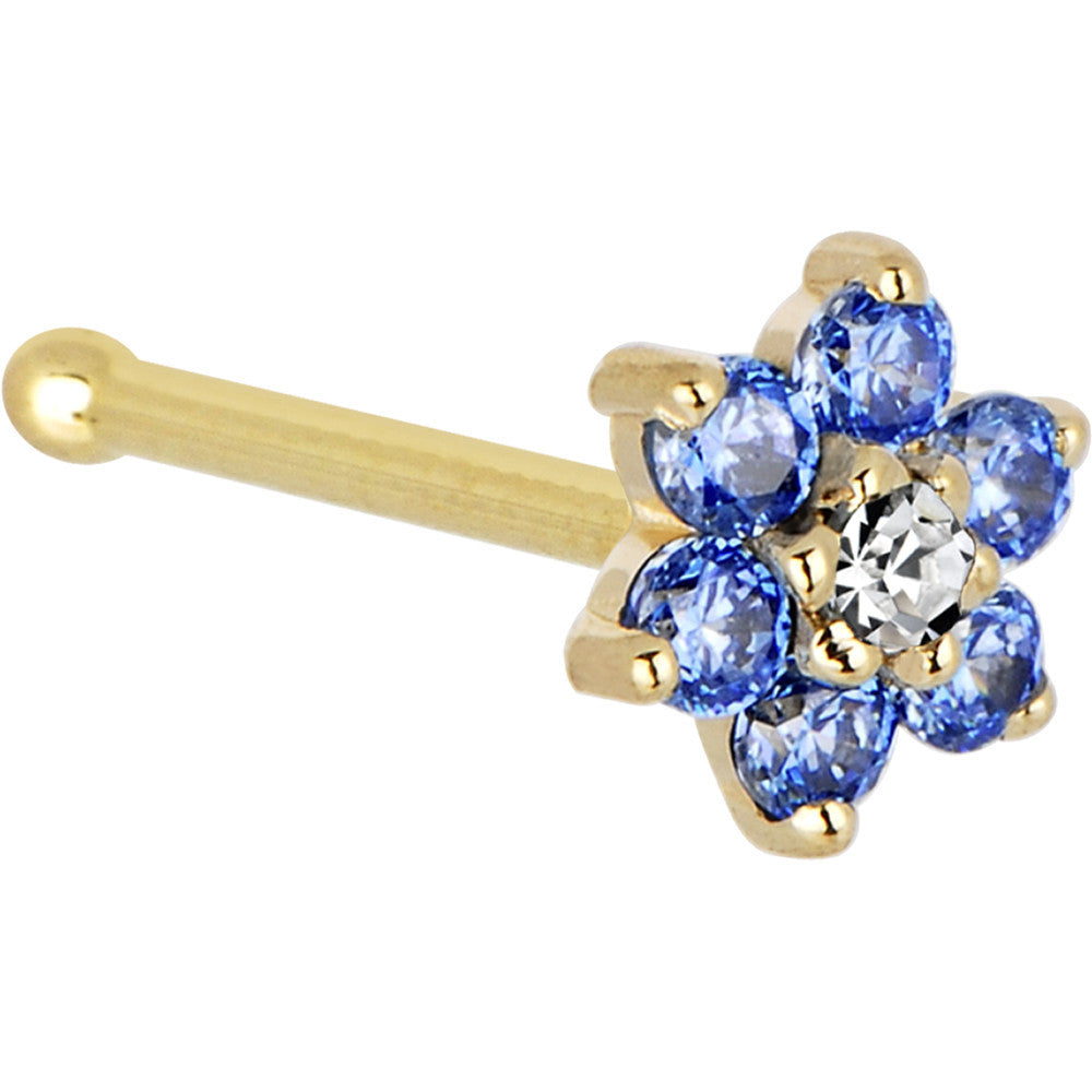 solid gold nose ring with blue and clear cubic zirconia