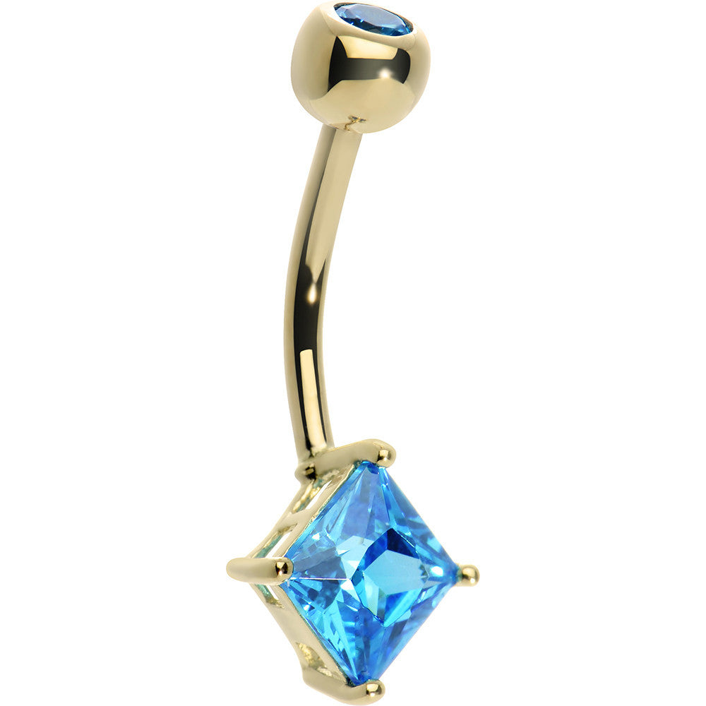 14KT Yellow Gold Blue Topaz Princess 6mm Cubic Zirconia Belly Ring