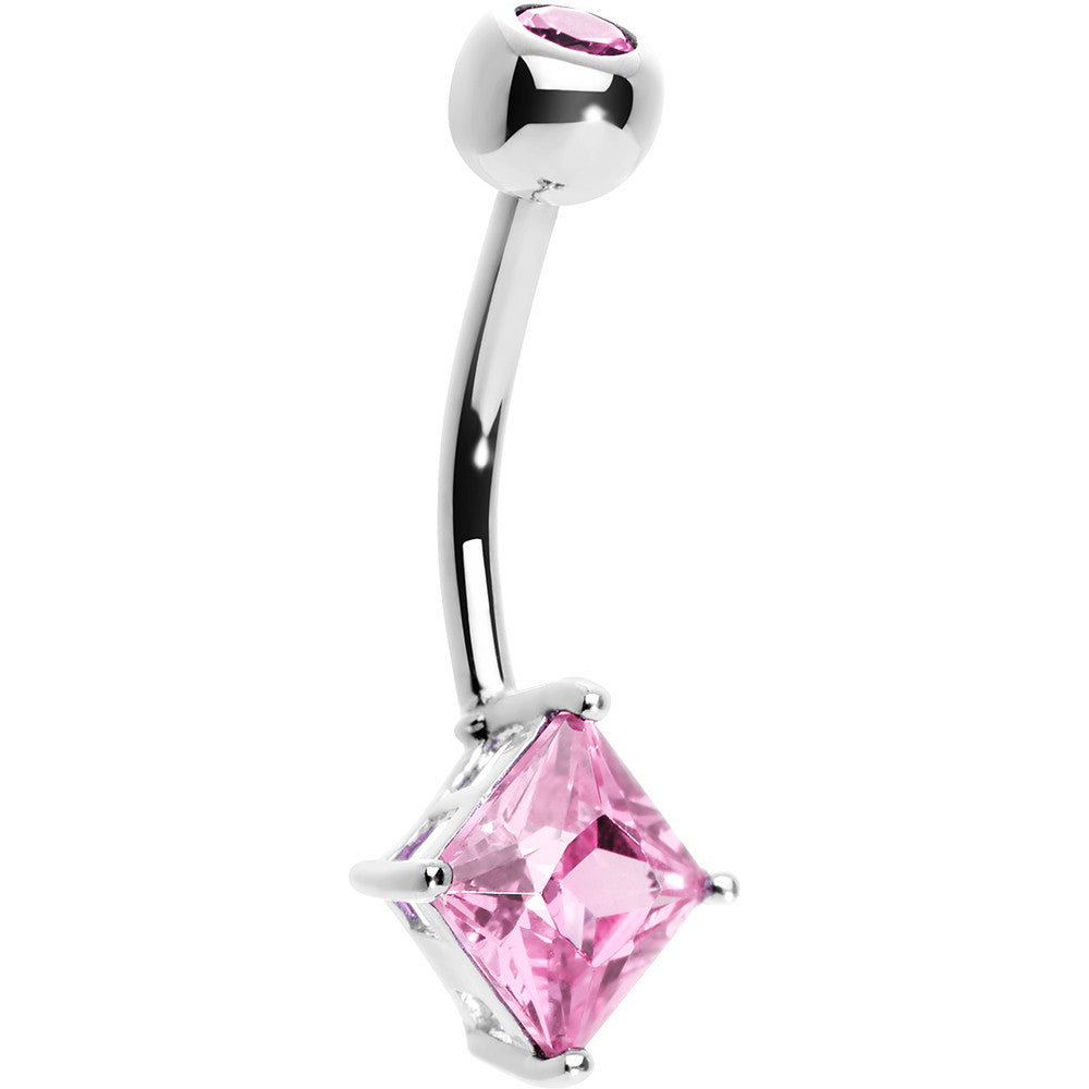 14KT White Gold Pink Princess 6mm Cubic Zirconia Belly Ring