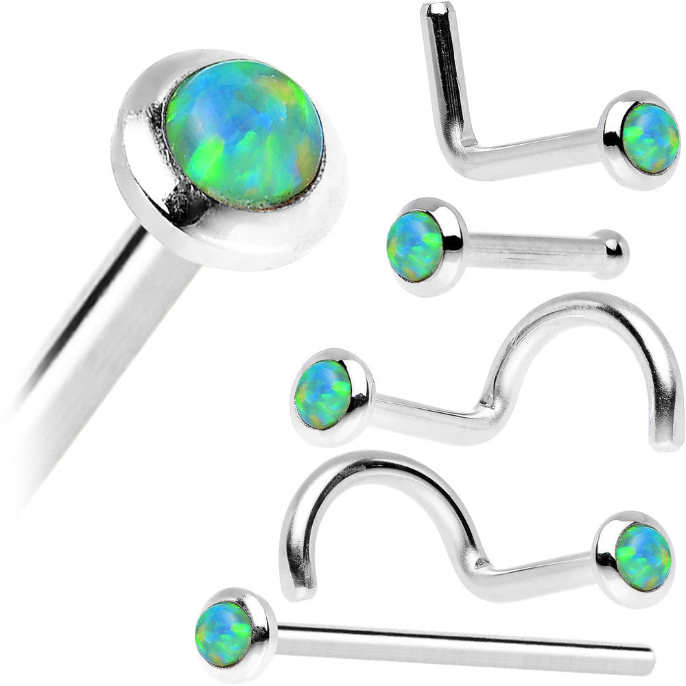14kt White Gold 2mm Lime Synthetic Opal Nose Ring