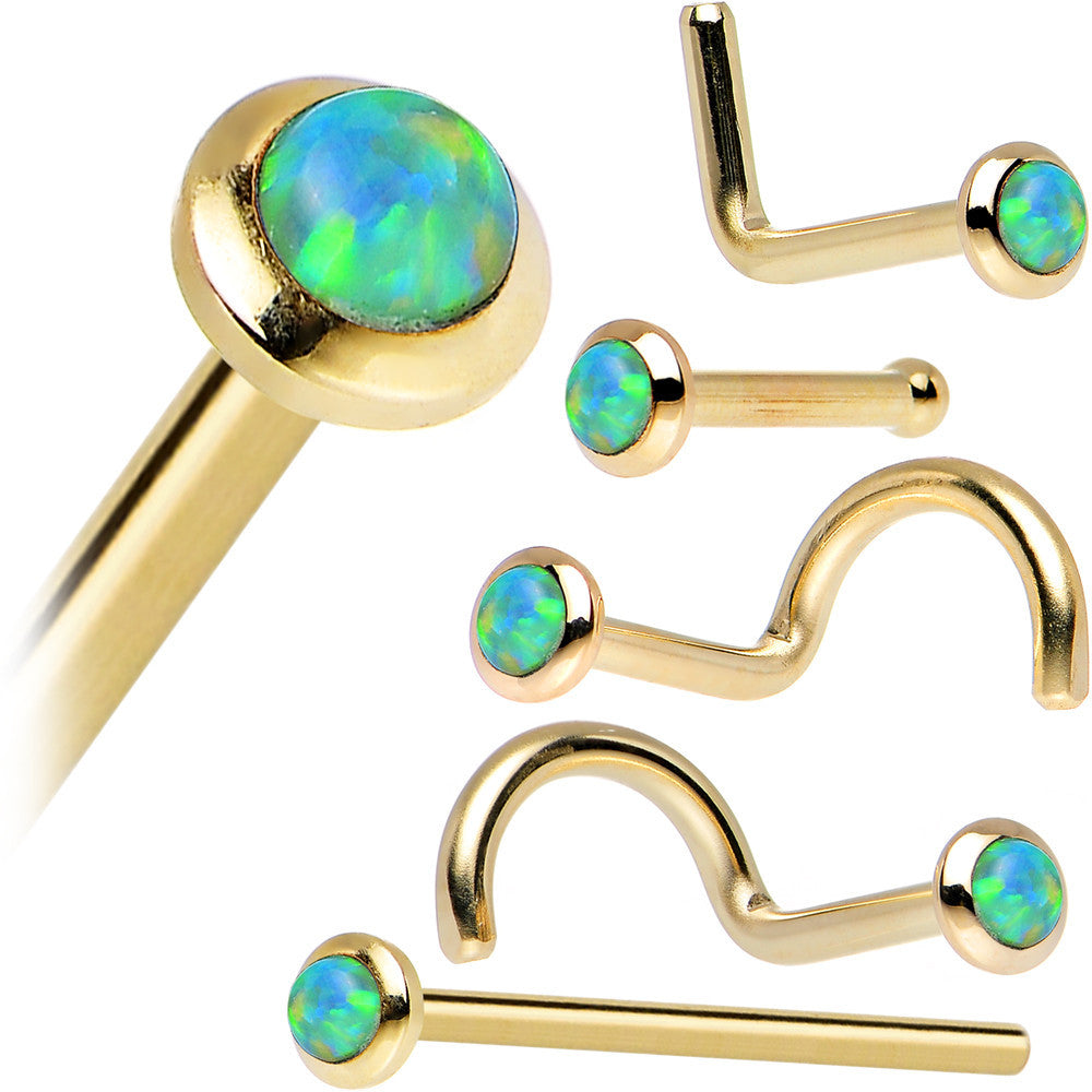 14kt Yellow Gold Lime Synthetic Opal 2mm Nose Ring 20 gauge