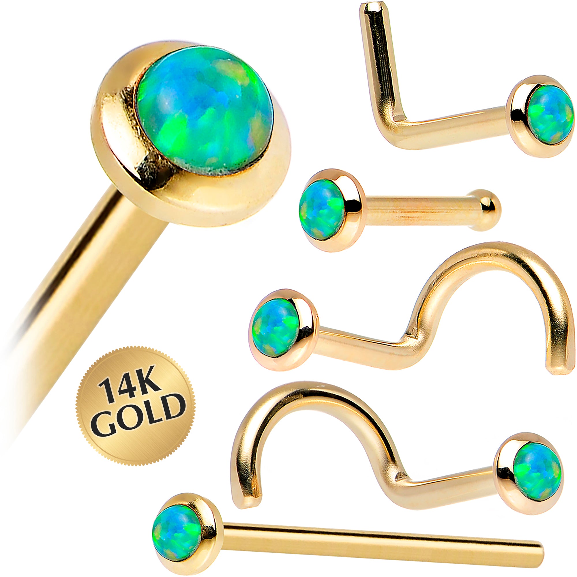 14kt Yellow Gold 2mm Lime Synthetic Opal Nose Ring 18 gauge