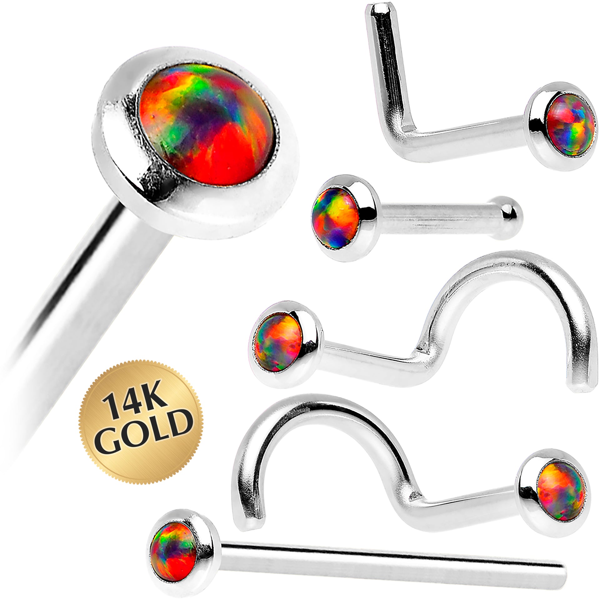 14kt White Gold 2mm Fire Red Synthetic Opal Nose Ring 18 Gauge