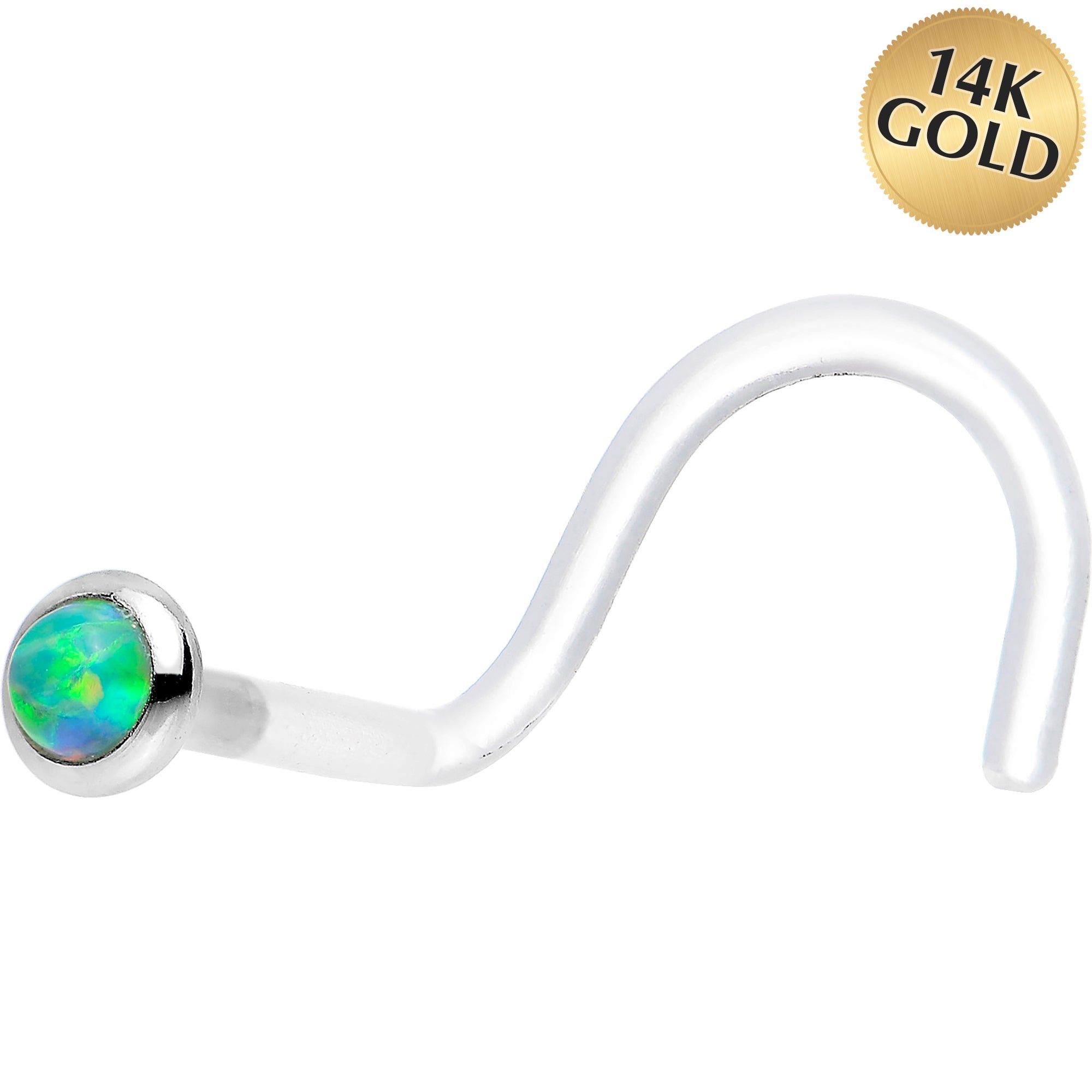 18 Gauge White Gold 2mm Lime Synthetic Opal Bioplast Nose Ring