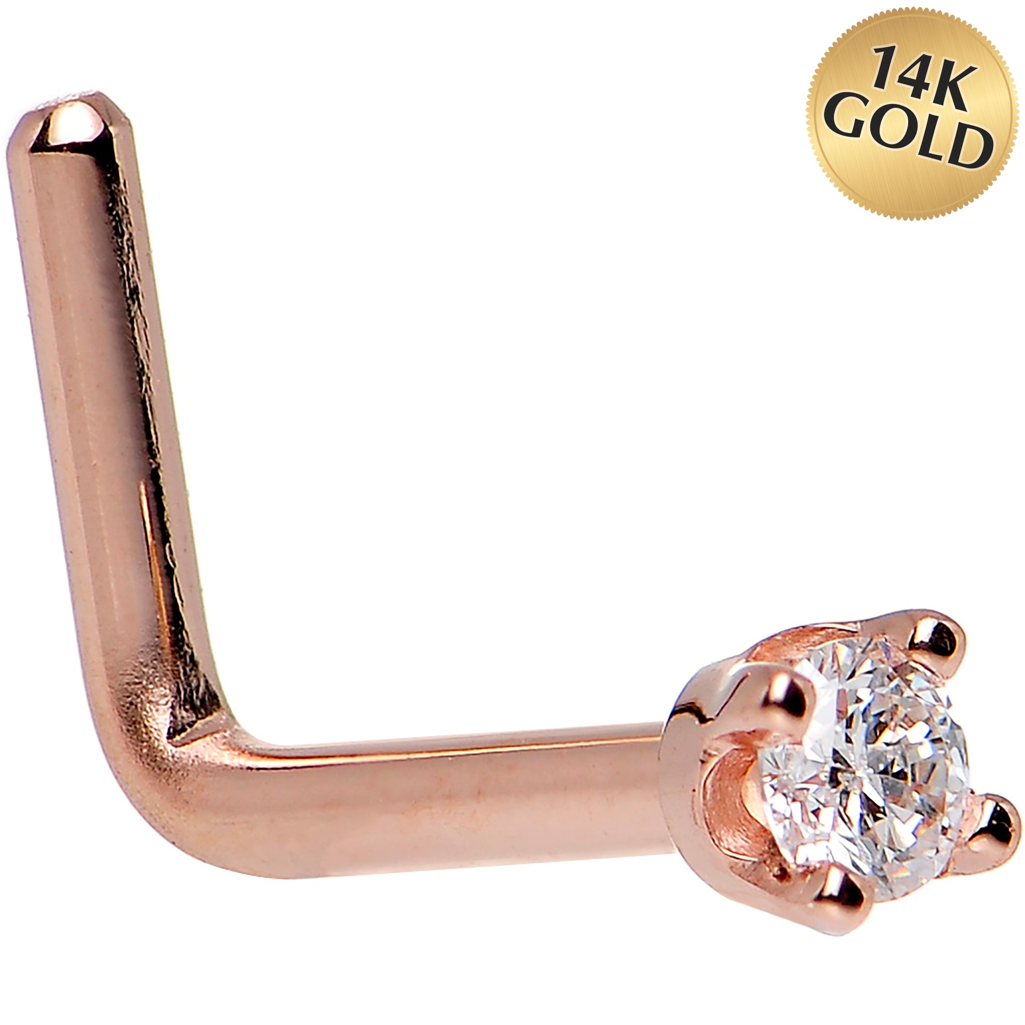 14kt rose gold cubic zirconia nose ring in 18 gauge and 20 gauge nose bone nose screw l-shape