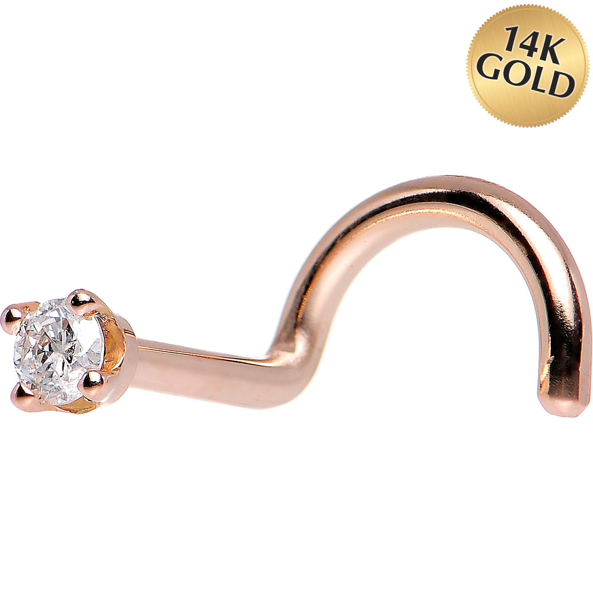14kt rose gold cubic zirconia nose ring in multiple styles nose bone nose screw l-shape 18 gauge 20 gauge