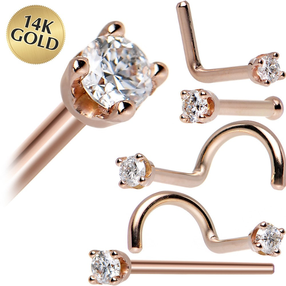 14kt rose gold 2mm cubic zirconia nose ring available in 18 gauge and 20 gauge