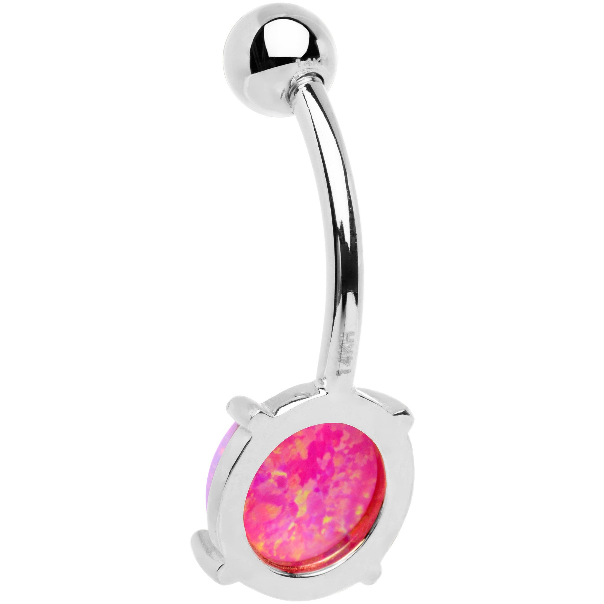 Solid 14kt White Gold 8mm Fuchsia Synthetic Opal Belly Ring