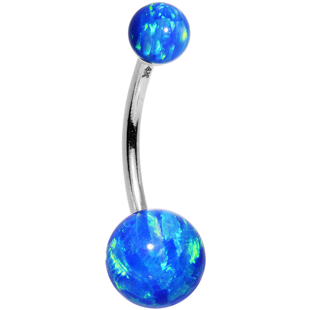 14kt White Gold Blue Synthetic Opal Belly Ring