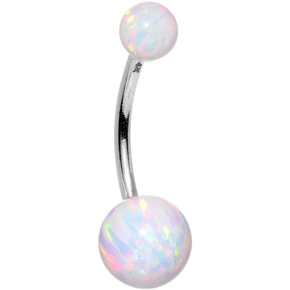 14k White Gold White Synthetic Opal Belly Ring