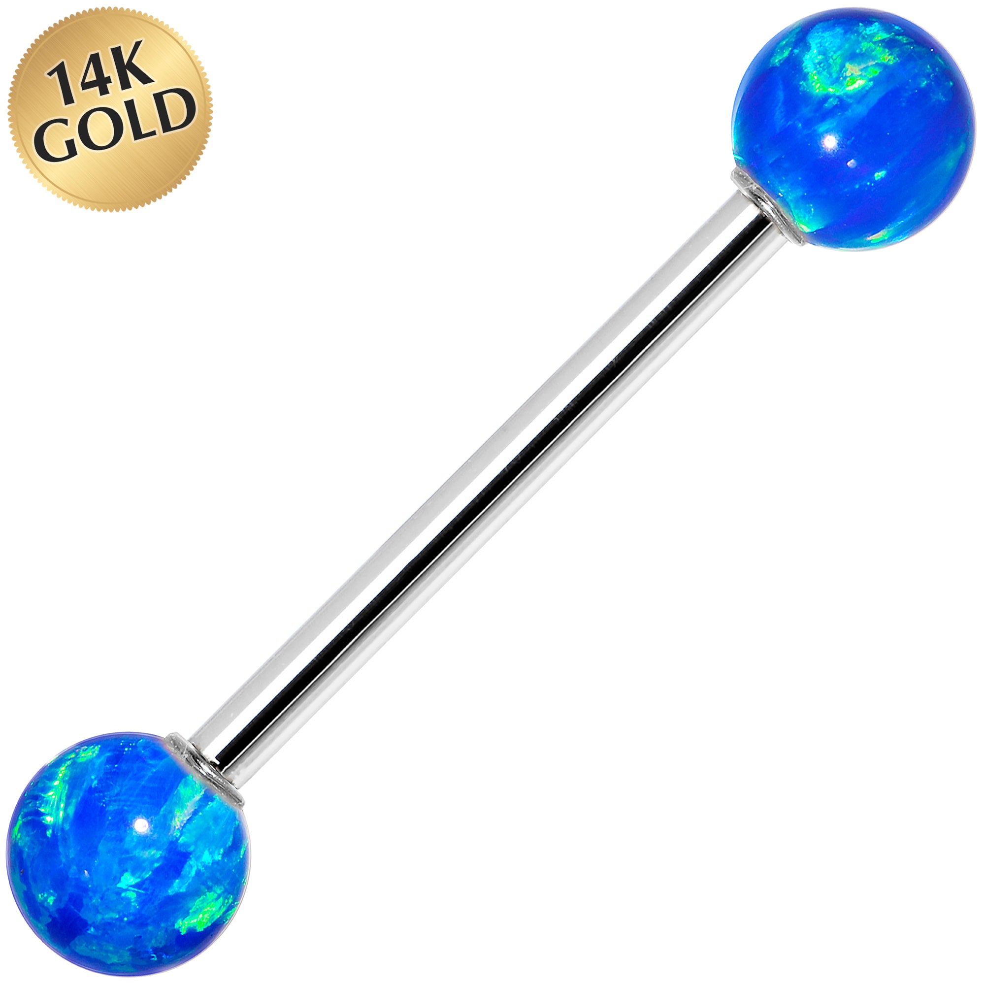 14kt White Gold 5mm Blue Synthetic Opal Barbell Tongue Ring 14 Gauge 5/8