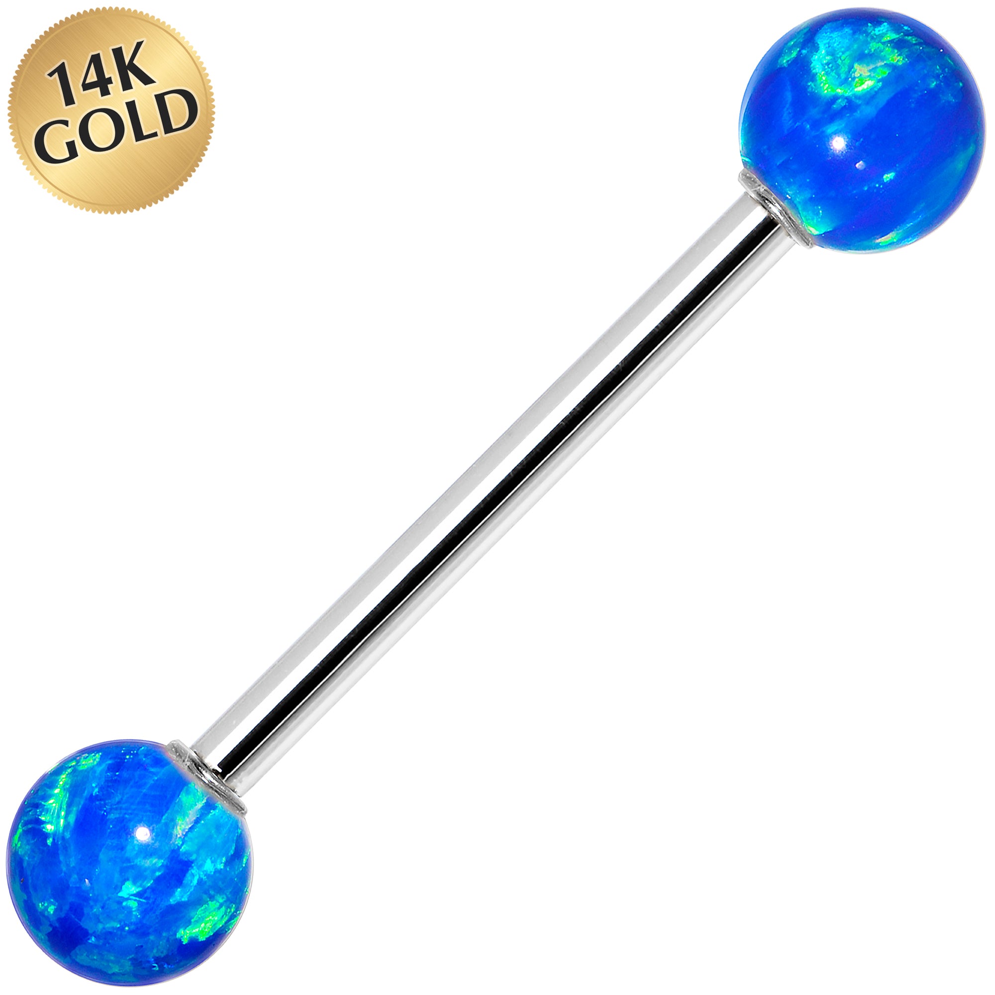 14k White Gold 5mm Blue Synthetic Opal Barbell Tongue Ring 14G 5/8