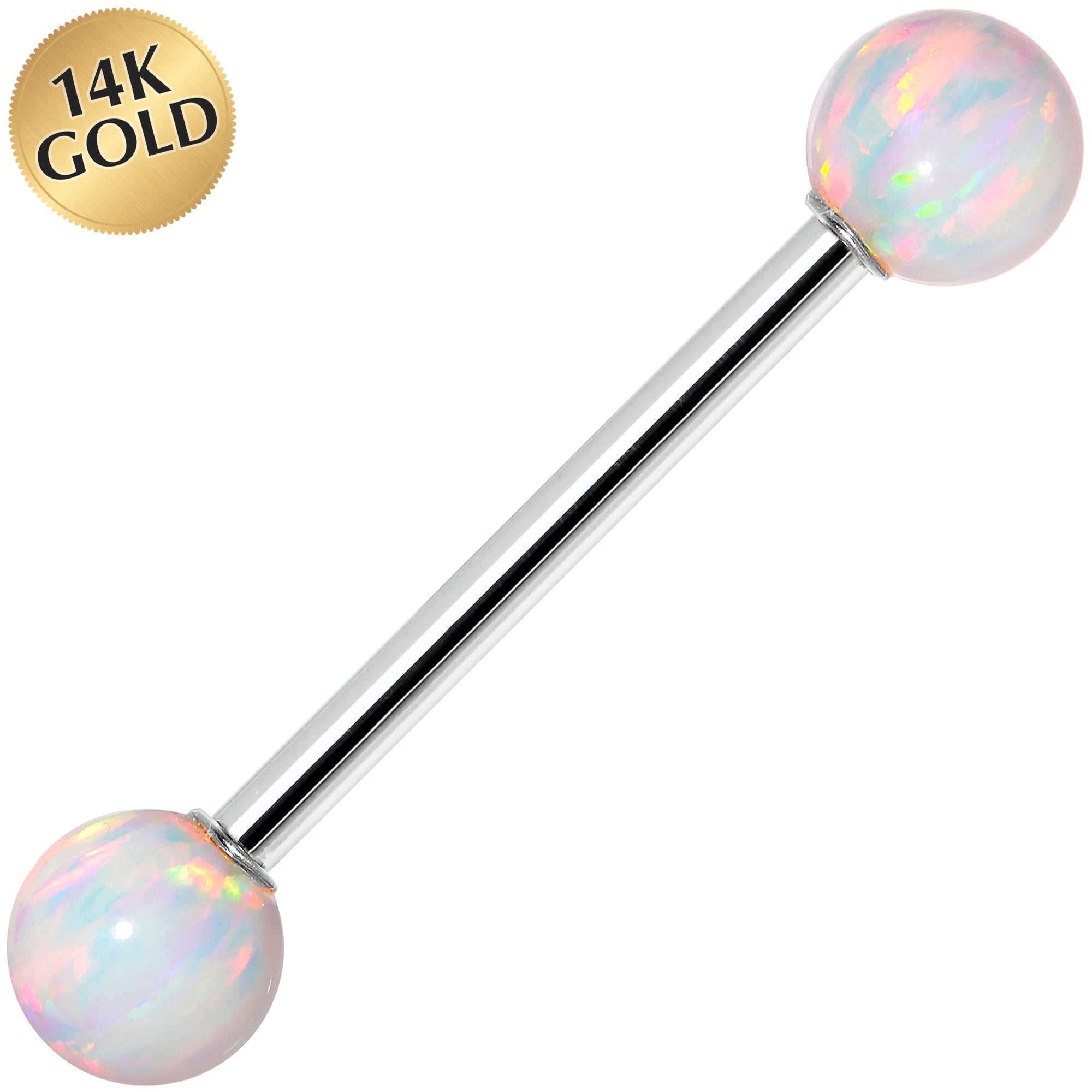14kt White Gold 5mm White Synthetic Opal Barbell Tongue Ring 14 Gauge 5/8