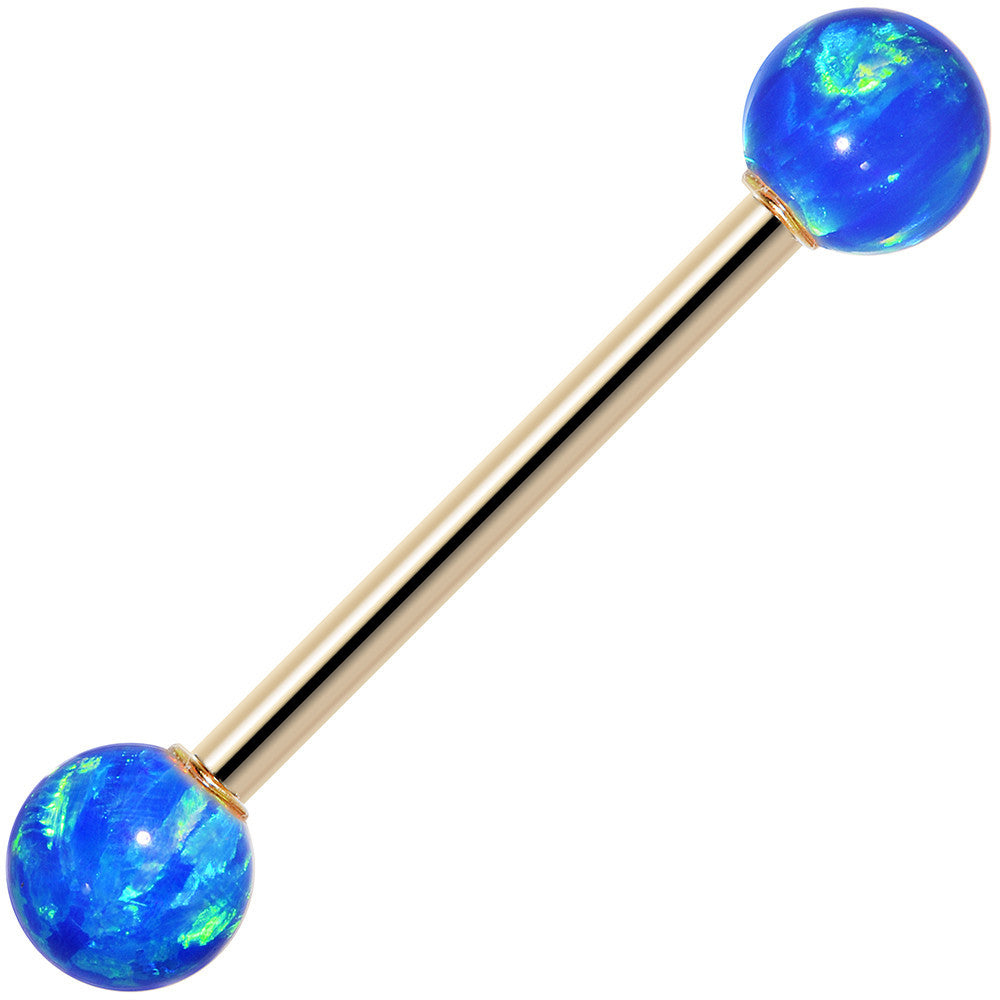 14kt Yellow Gold 5mm Blue Synthetic Opal Barbell Tongue Ring 14 Gauge 5/8