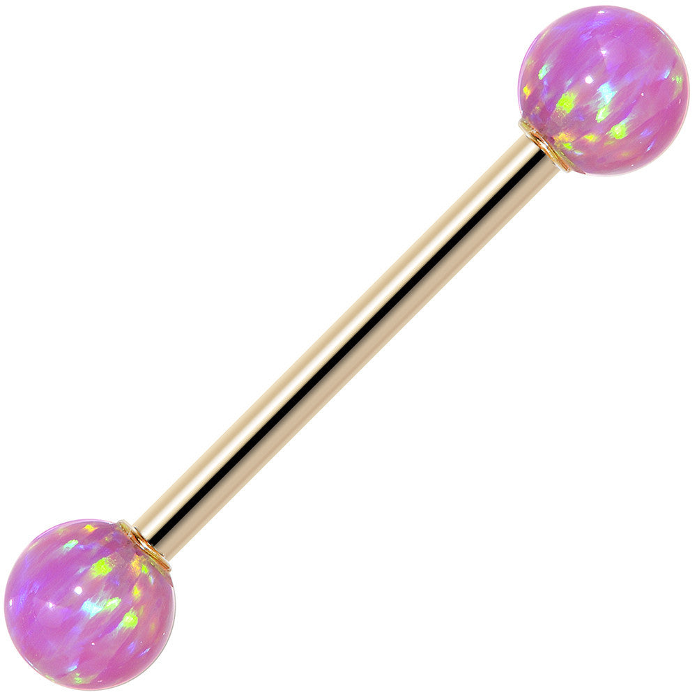 14kt Yellow Gold 5mm Pink Synthetic Opal Barbell Tongue Ring 14 Gauge 5/8