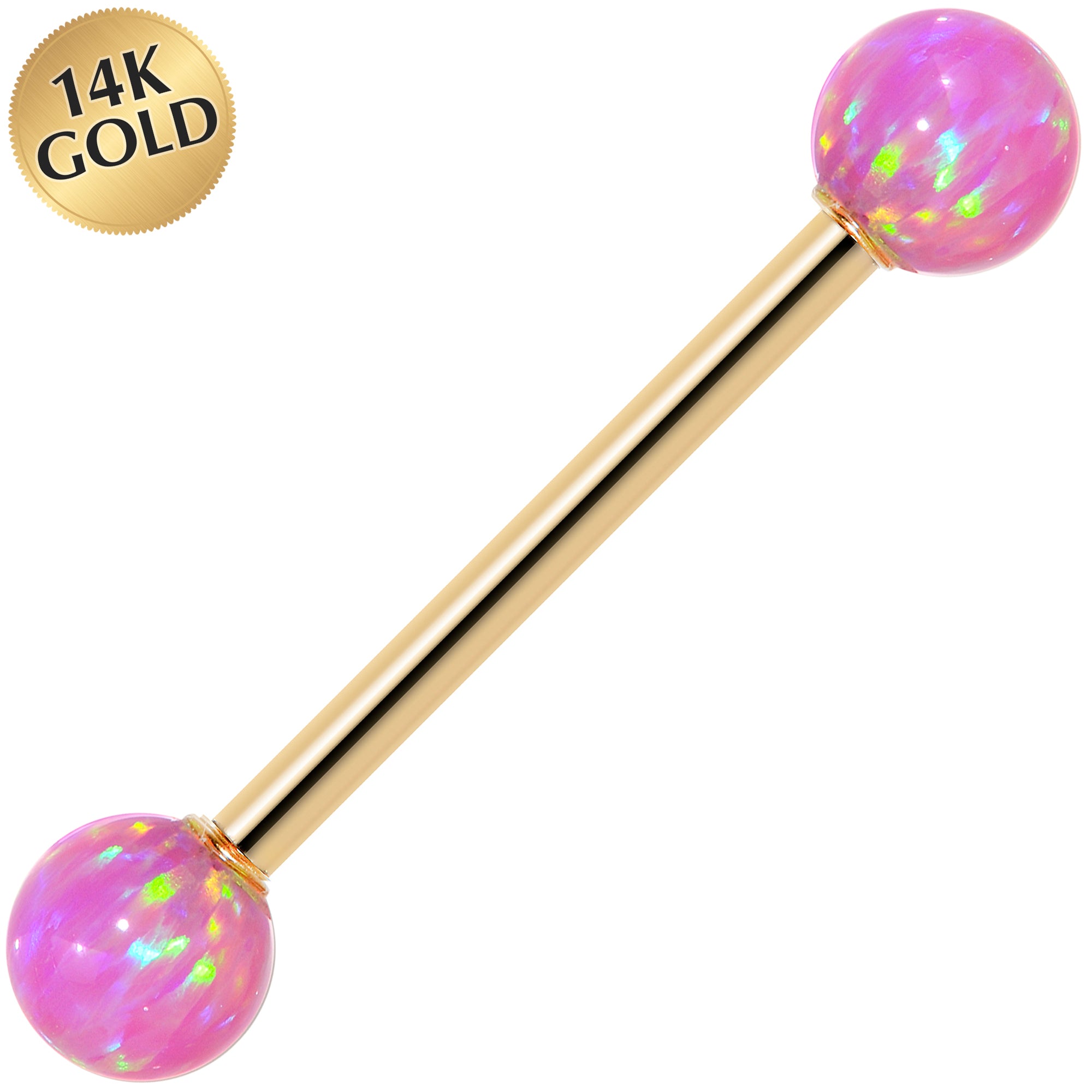 14k Yellow Gold 5mm Pink Synthetic Opal Barbell Tongue Ring 14G 5/8