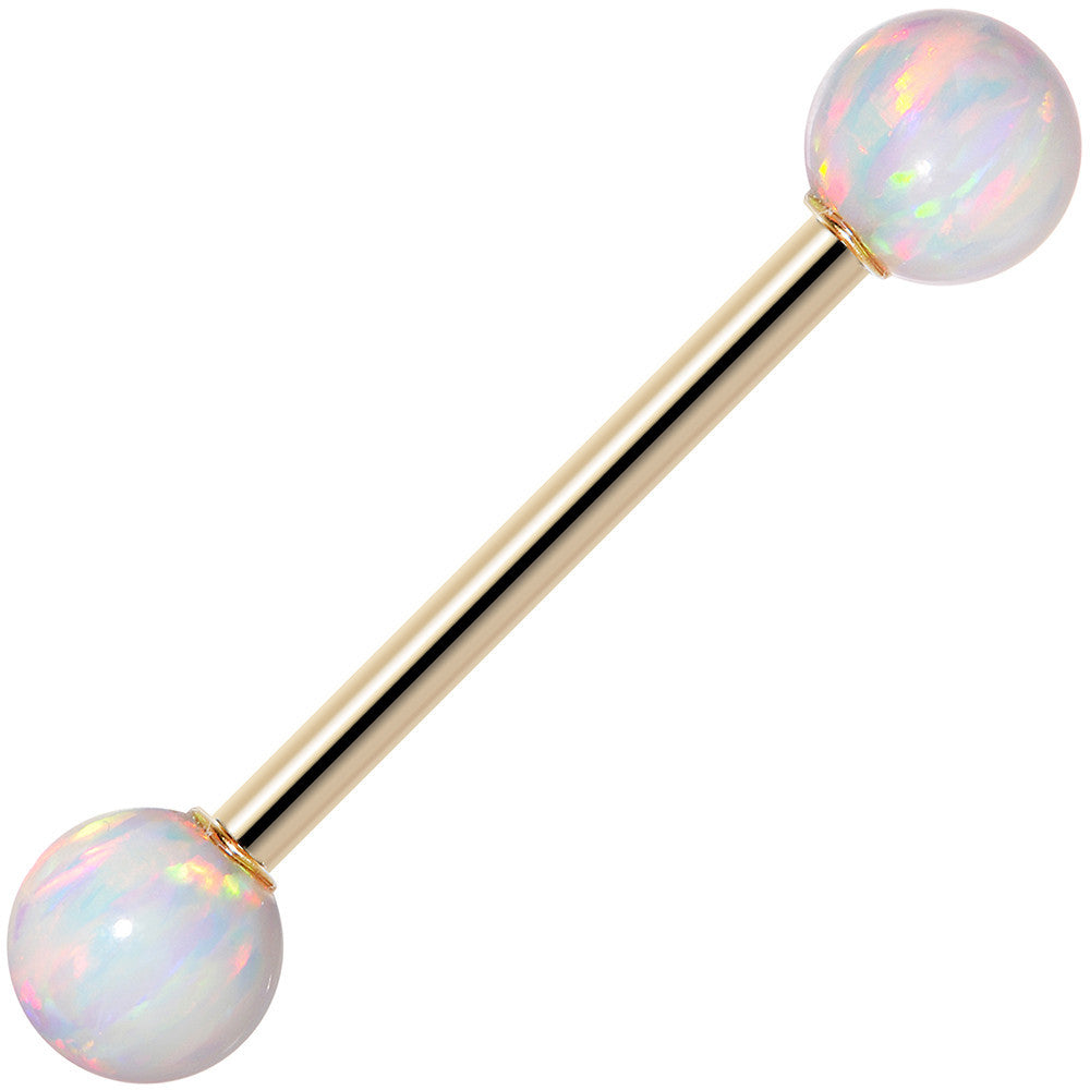 14k Yellow Gold 5mm White Synthetic Opal Barbell Tongue Ring 14G 5/8