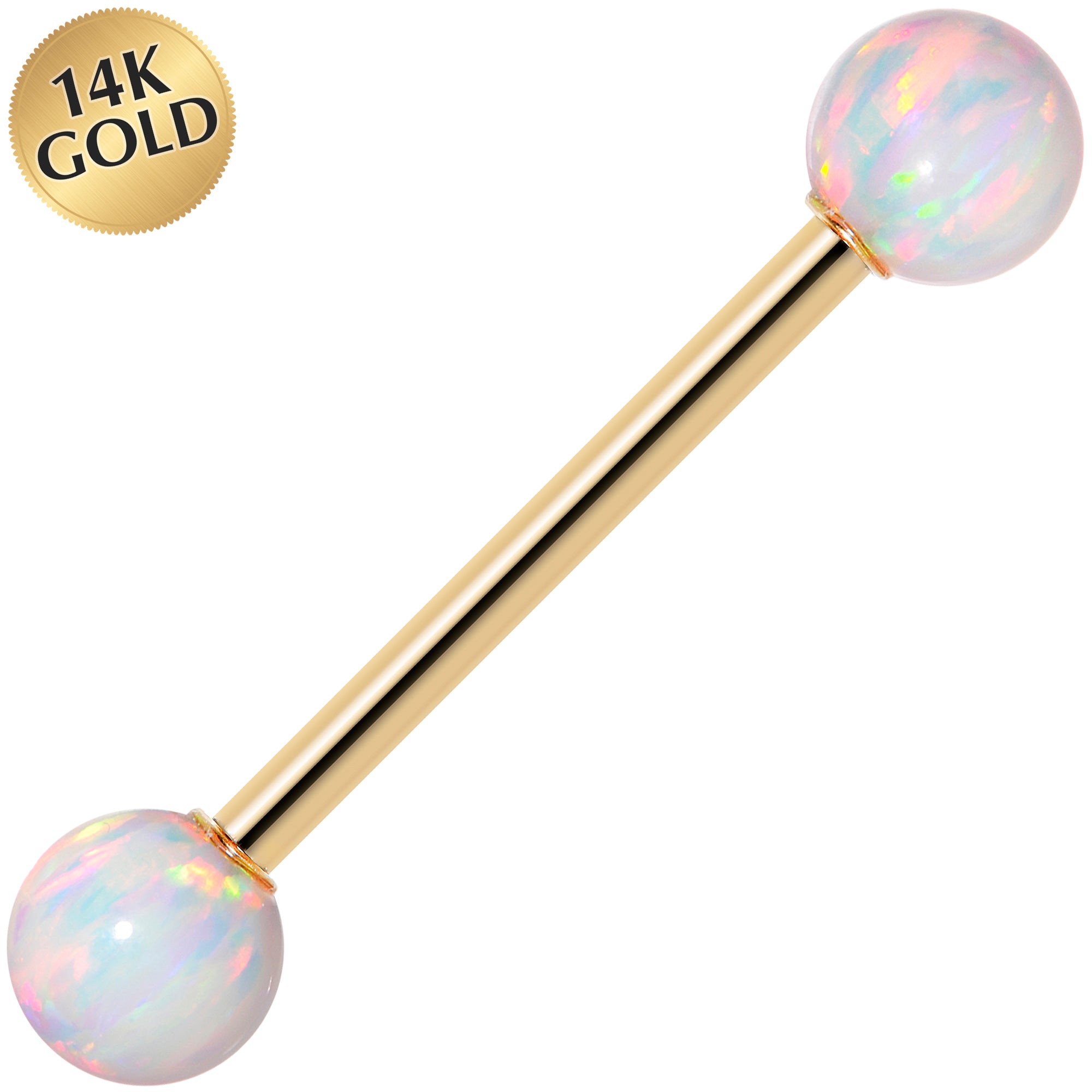 14kt Yellow Gold 5mm White Synthetic Opal Barbell Tongue Ring 14 Gauge 5/8