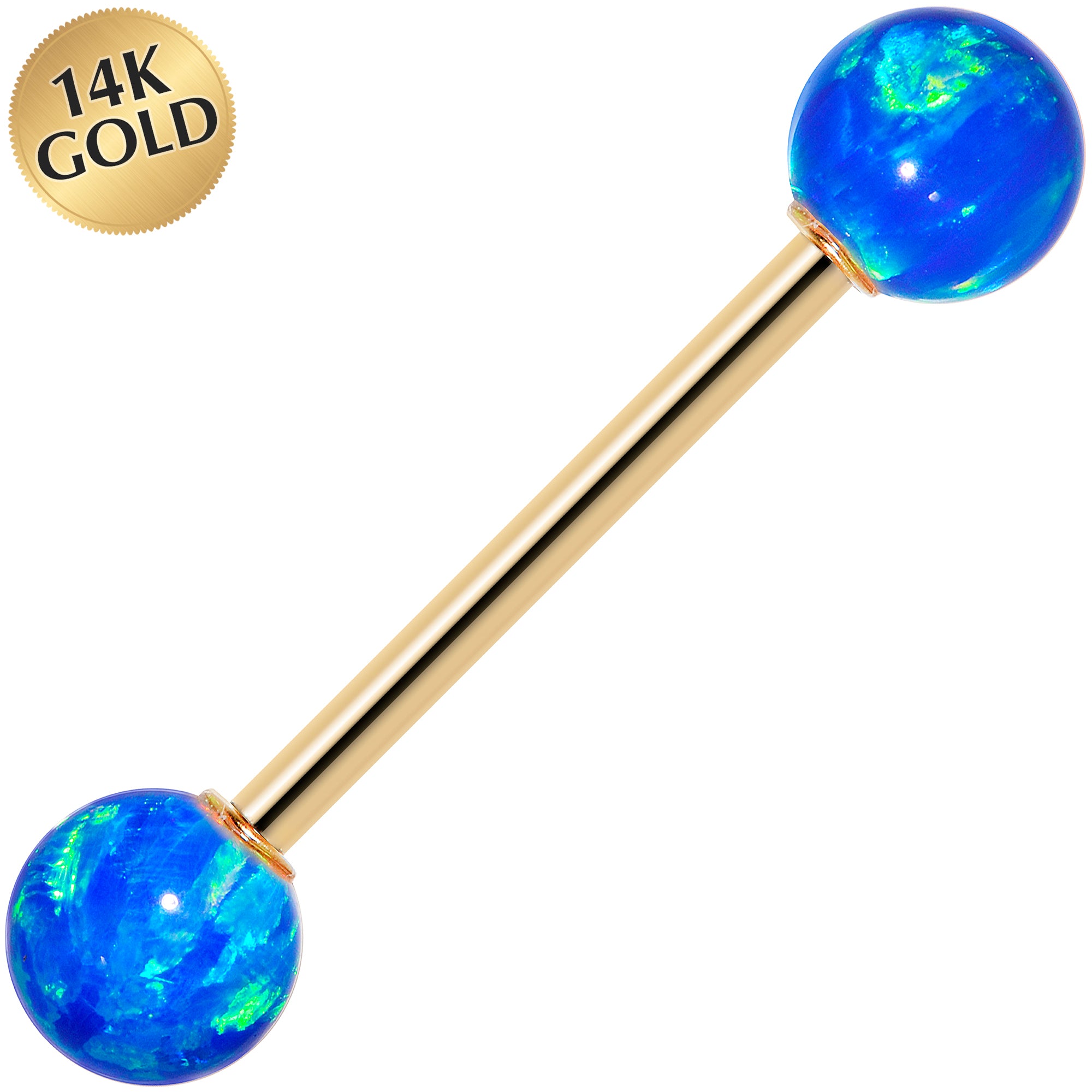 14kt Yellow Gold 6mm Blue Synthetic Opal Barbell Tongue Ring 14 Gauge 5/8