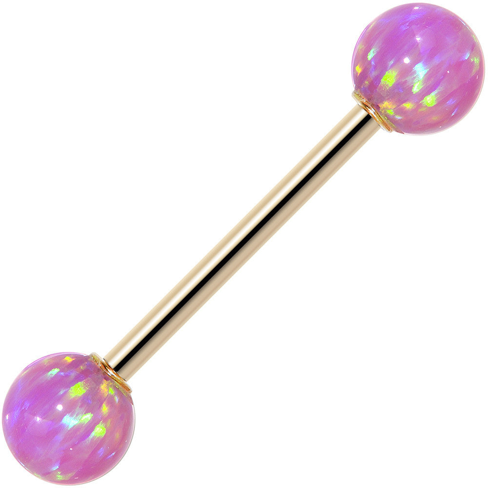 14kt Yellow Gold 6mm Pink Synthetic Opal Barbell Tongue Ring 14 Gauge 5/8