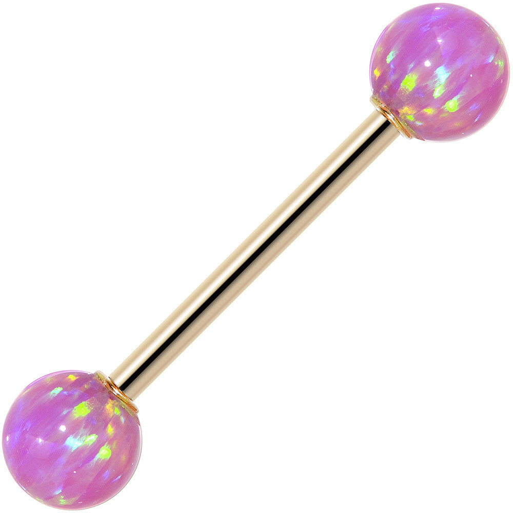 14k Yellow Gold 6mm Pink Synthetic Opal Barbell Tongue Ring 14G 5/8