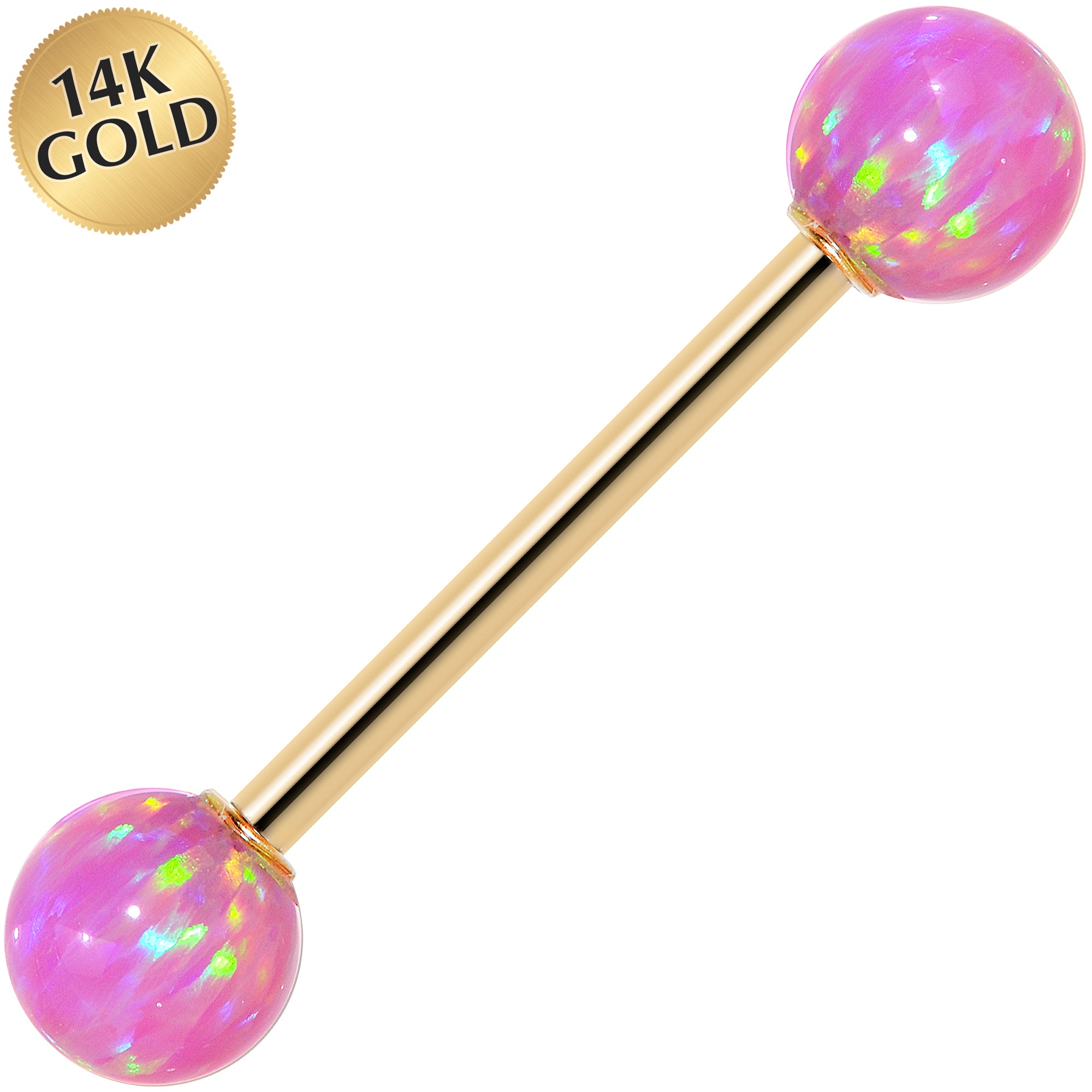 14k Yellow Gold 6mm Pink Synthetic Opal Barbell Tongue Ring 14G 5/8