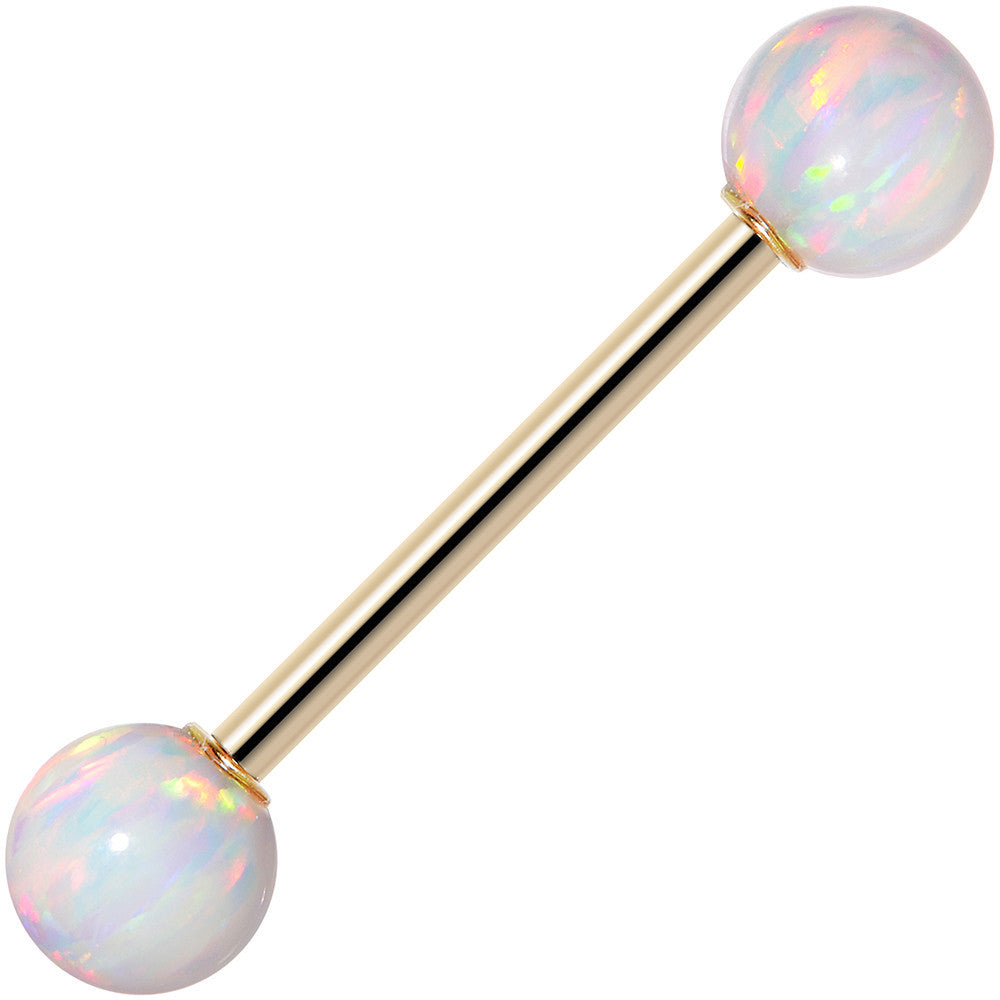 14kt Yellow Gold 6mm White Synthetic Opal Barbell Tongue Ring 14 Gauge 5/8