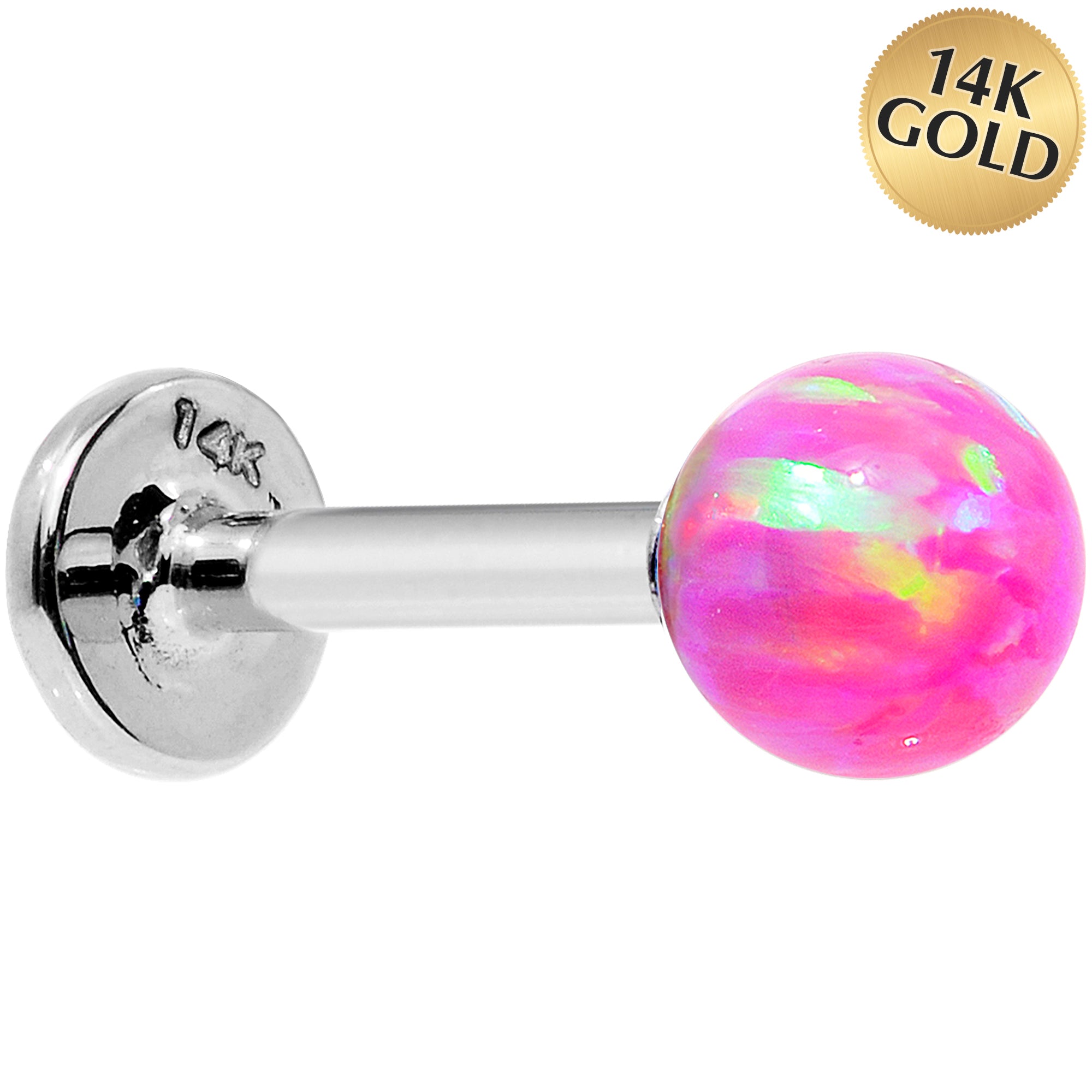 14kt White Gold 5mm Pink Synthetic Opal Labret Monroe 14 Gauge 5/16