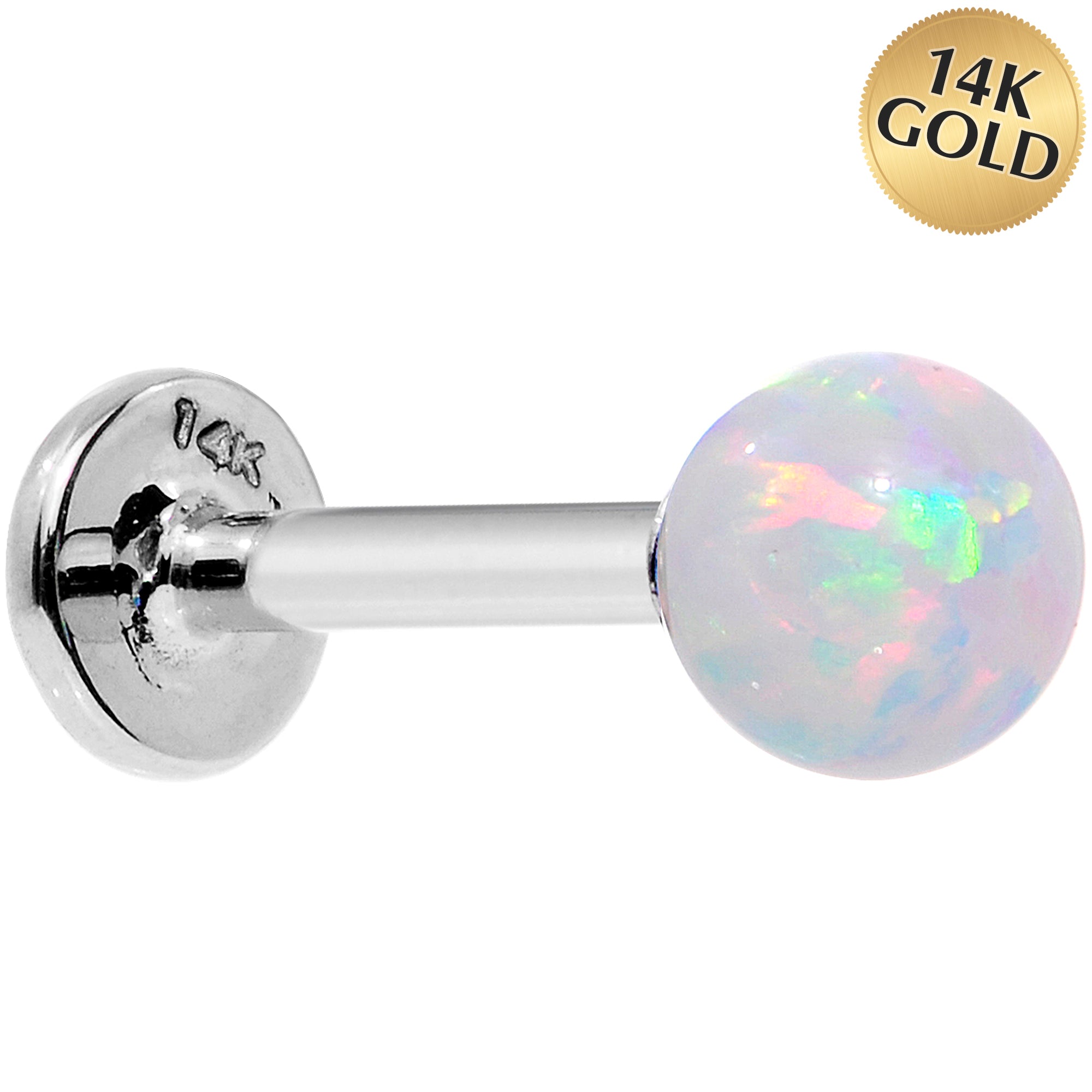 14kt White Gold 5mm White Synthetic Opal Labret Monroe 14 Gauge 5/16