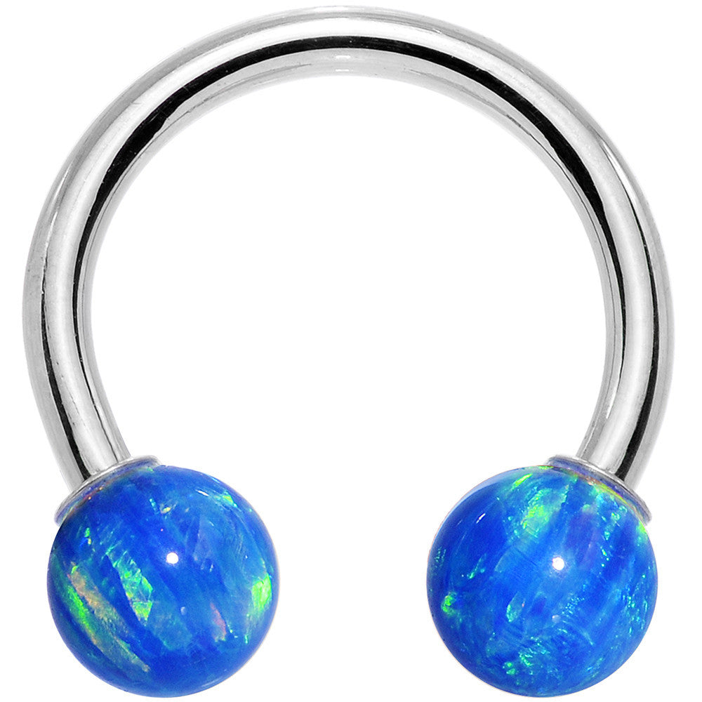 14 Gauge Solid 14KT White Gold Blue Synthetic Opal Horseshoe Barbell