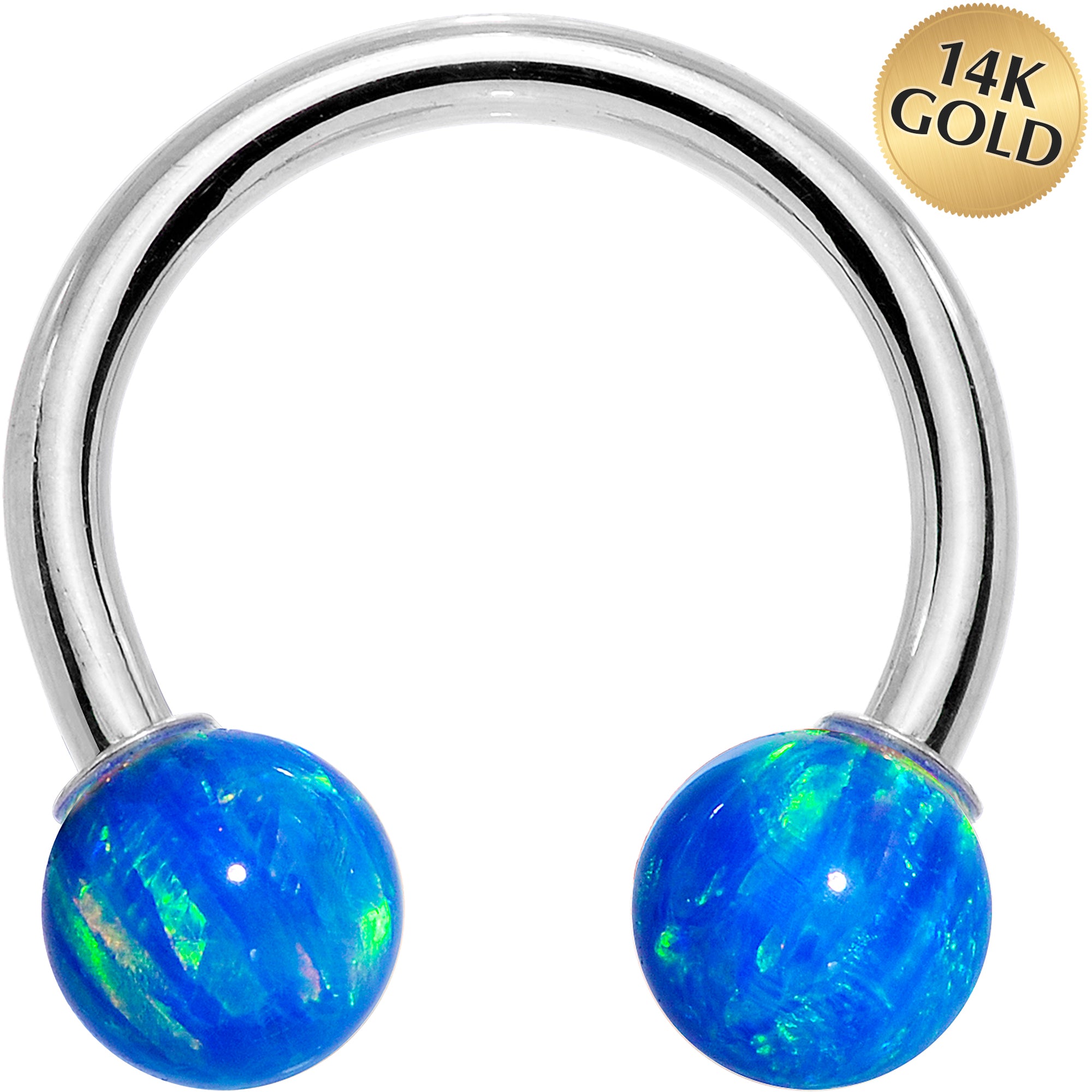 14 Gauge Solid 14KT White Gold Blue Synthetic Opal Horseshoe Barbell