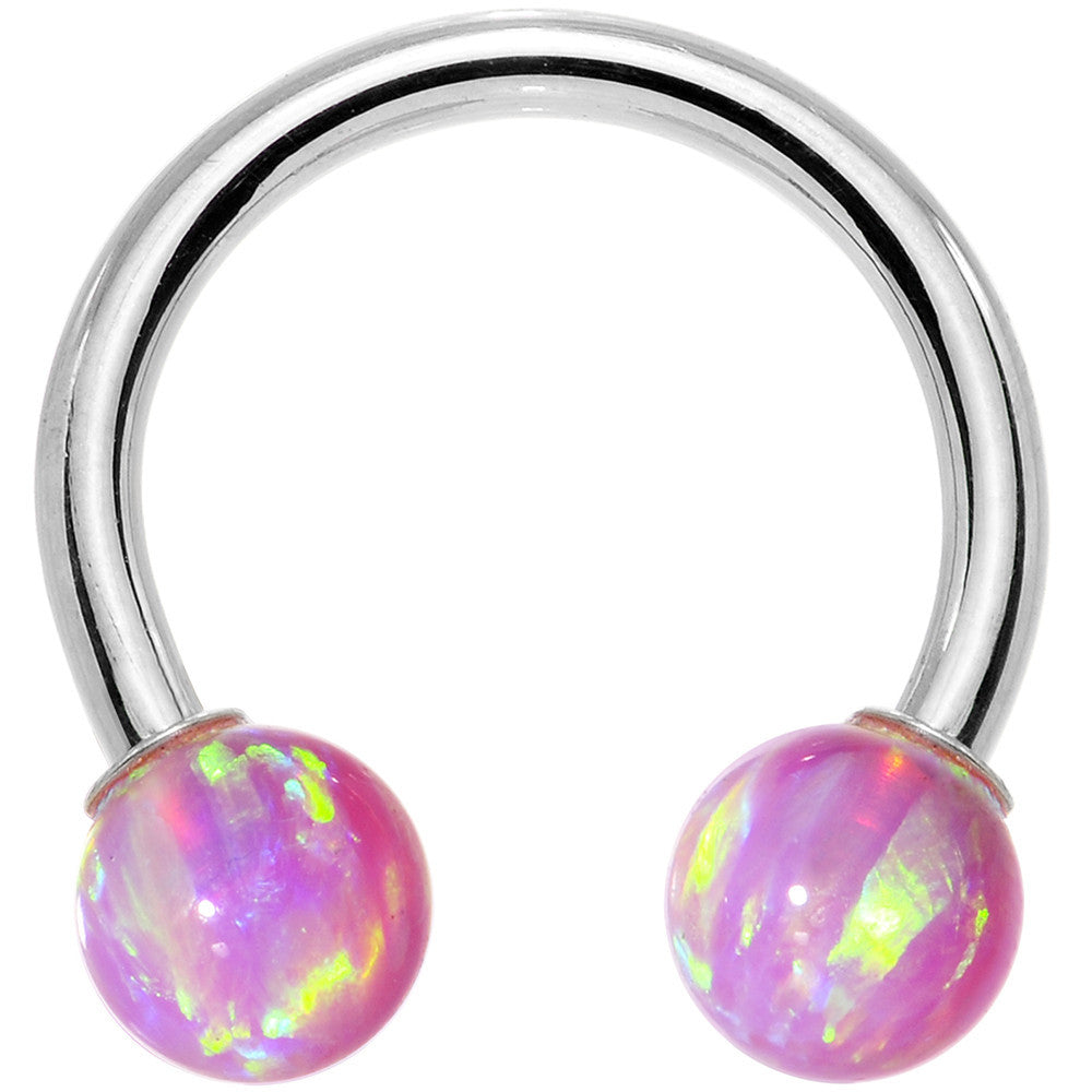14G Solid 14K White Gold Pink Synthetic Opal Horseshoe Barbell
